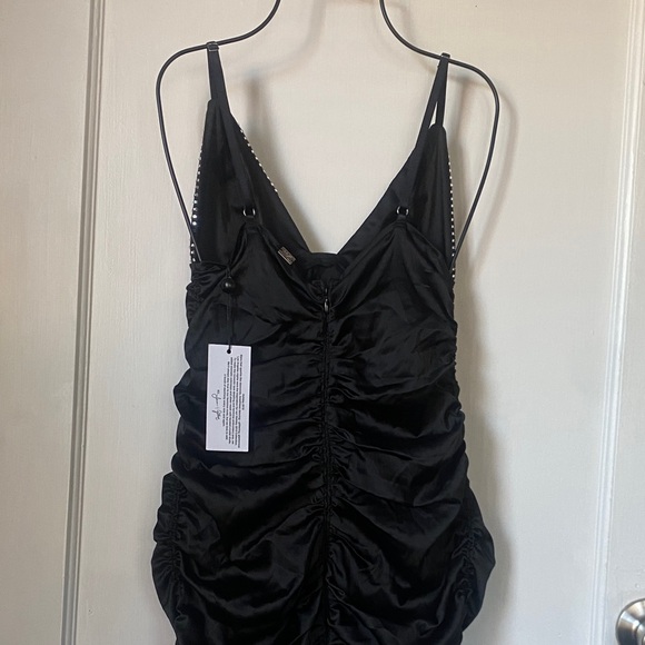 For Love And Lemons - Rouched Satin Black Mini Dress w/ Bedazzled Cups - Picture 6 of 13